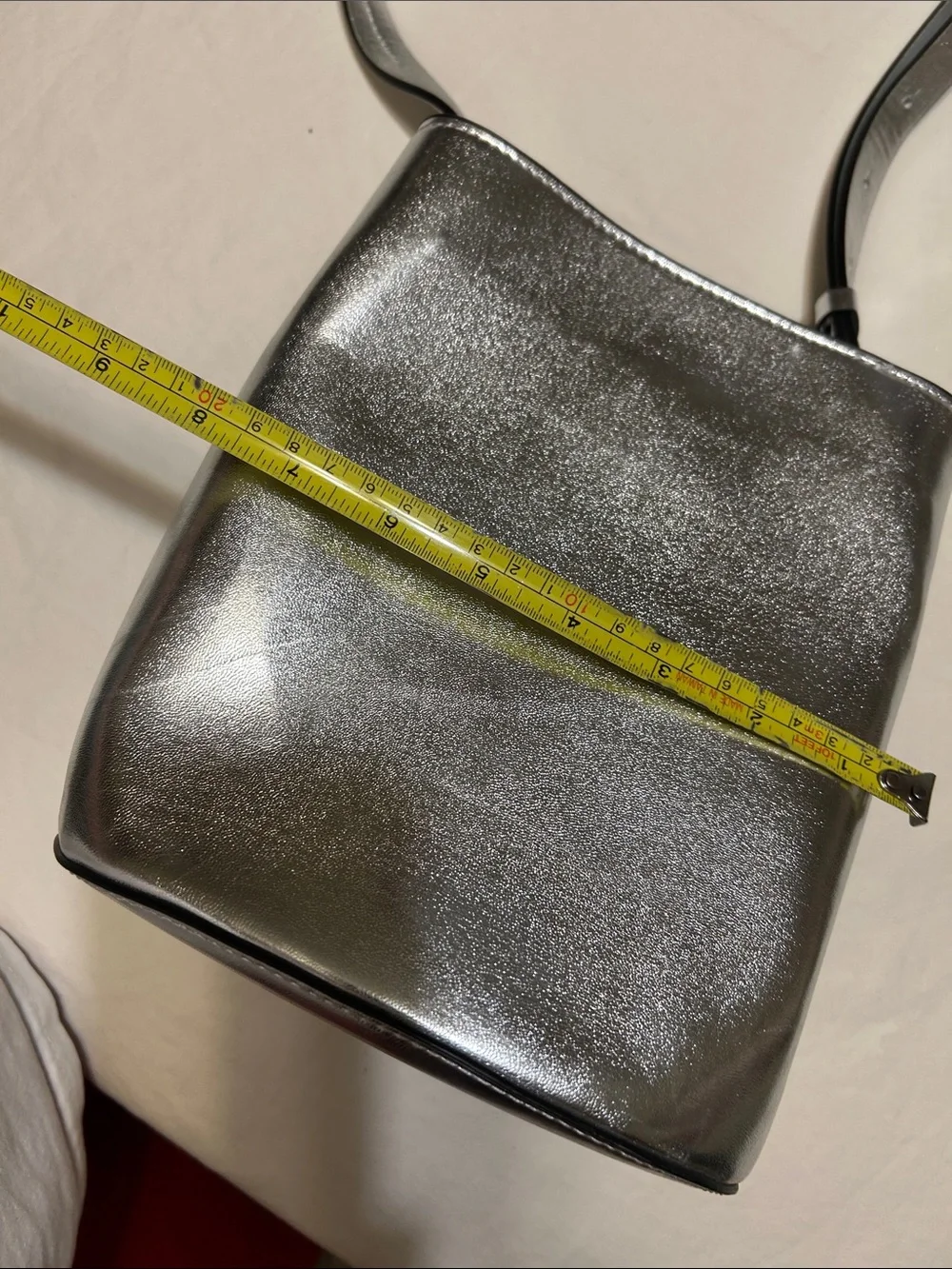 French Connection Silver Metallic Leather Crossbody Bucket Bag
